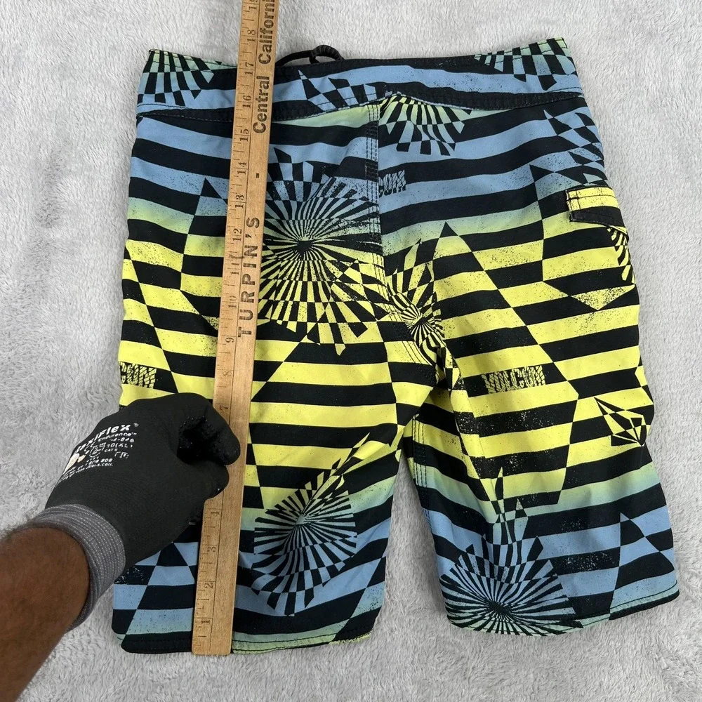 Volcom Mod-Tech Board Shorts 27 Yellow Blue Geometric Surf Swim Trunks Womens